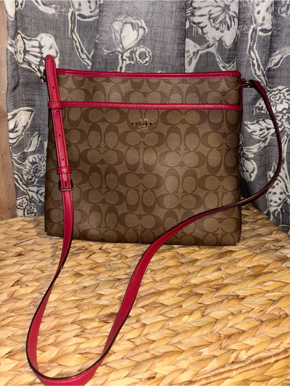 Coach Signature Crossbody Bag in Brown with Red Trim